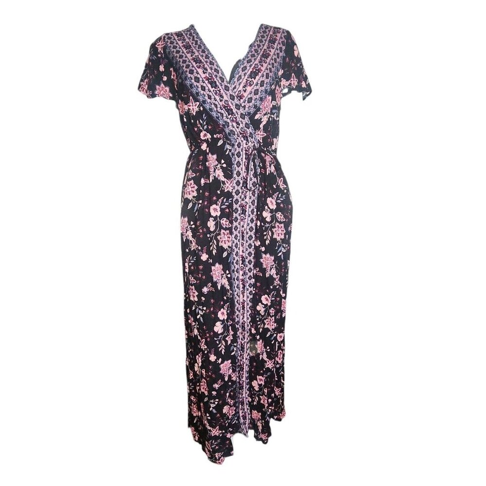 Bongo Dress Womens Size L‎ Large Y2K Pink Black Pullover Floral Long Maxi V Neck